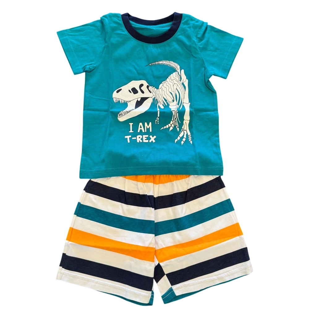 Azalquat Boys Dinosaur T-Rex Skeleton Shirt and Striped Shorts Set 2T Teal Green